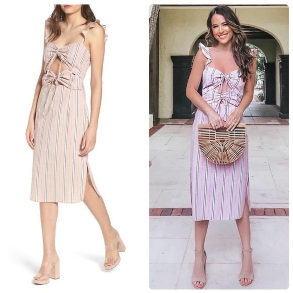 WAYF Verona Cutout Side Slit Midi Dress in Coral Stripe